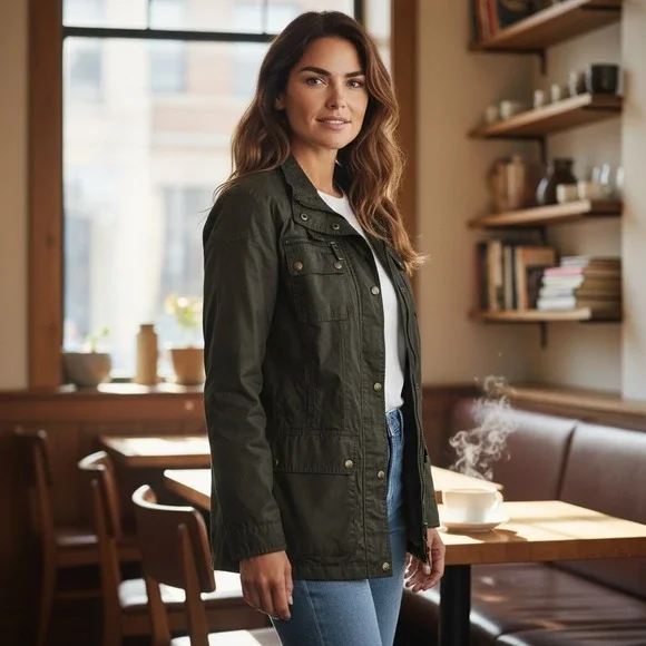 Michael Kors Olive Green Waxed Utility Jacket Women XL Pockets Zip Snap Military - Picture 2 of 9